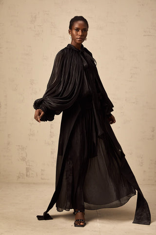 Black Satin Maxi Abaya Dress Longsleeve Latern Arm Trumpet