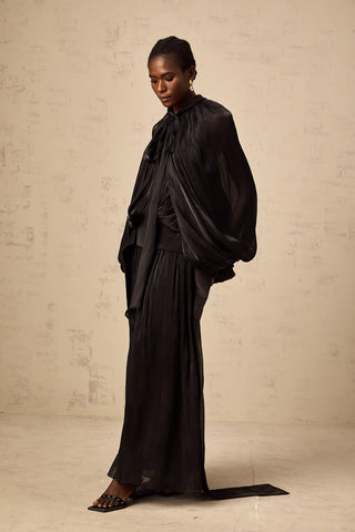 Black Satin Maxi Abaya Dress Longsleeve Latern Arm Trumpet