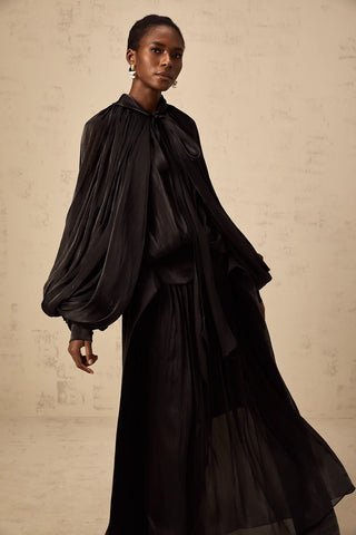 Black Satin Maxi Abaya Dress Longsleeve Latern Arm Trumpet