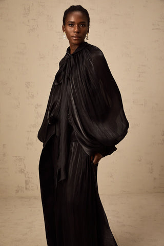 Black Satin Maxi Abaya Dress Longsleeve Latern Arm Trumpet