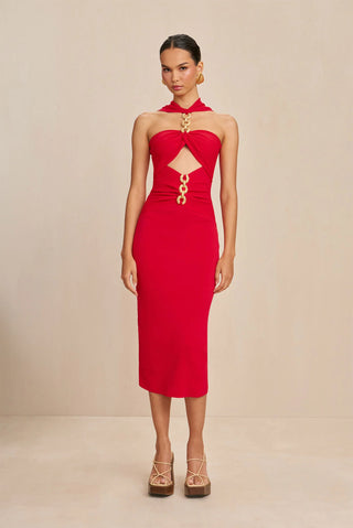 Red Cutout Bandage Midi Dress weith Gold Chain Cult Gaia Cristos - Cielie Vienna Fashion Brand 