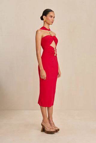 Red Cutout Bandage Midi Dress weith Gold Chain Cult Gaia Cristos - Cielie Vienna Fashion Brand 