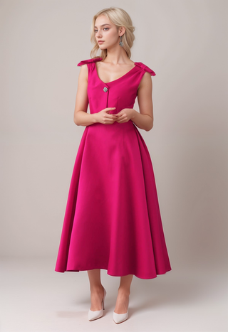 Pink elegant midi cocktail dress embellished with crystal stones, featuring a chic design, perfect for cocktail parties, formal events, and special occasions. Ballkleid Wien