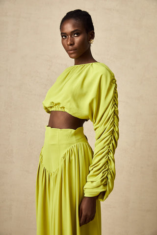 Model wearing a pistachio lime  green smocked long-sleeve crop top paired with a high-waisted pleated maxi skirt, perfect for summer and spring events. Two piece Skirt Set Maxi Long Sleeve - Vienna Shopping Brands to buy things to buy vienna christmas 