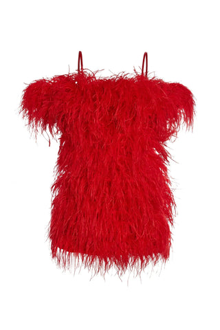 Red Off-Shoulder Ostrich Feather Mini Dress – Available for Vienna Dress Rental and Photoshoots. Luxurious 100% ostrich feathers with a bold, glamorous design perfect for special occasions, parties, and festive events.