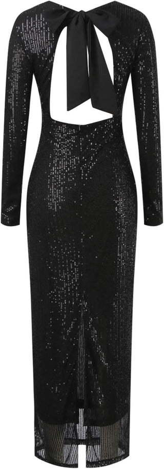 Thala | Sequined Black Bow Backless Elegant Long Dresses