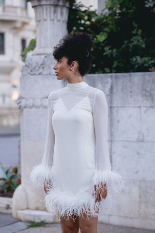 White Feather Dress Mini Bridal Long Sleeve Silk Taller Marmo Gina Feather Trim - Bridal Dress Bridal Shower Dress Ivory White Designer Elegant Modern Bride Vogue Style - Cielie Vienna