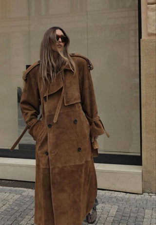 Luxurious long maxi suede real leather coat in camel, featuring a soft suede texture and adjustable belted waist for a tailored fit. Saint Laurent inspired Suede Maxi Coat Cielie Vienna 