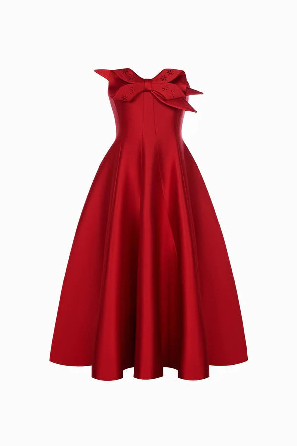 Red Midi Bow Dress | Women's Red Midi Dress | CILIE Xs Red Midi Bow Dress | Women's Red Midi Dress | CILIE Xs