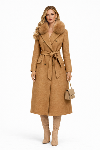 Woman wearing a brown coat with fur collar on a white background