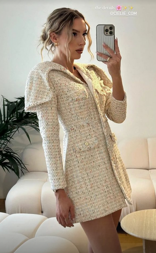 LULU | Tweed Cape Mini Dress - Cielie Elegant Chanel-inspired tweed mini dress with attached cape, vintage old-money style, long sleeve fall fashion, sophisticated autumn tweed dress, luxury A-line dress for chic occasions, designer fashion trend fall 2024. Cielie Vienna Tweed Dress Mini 