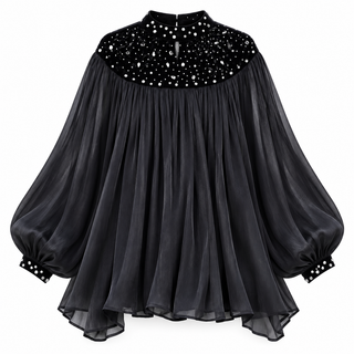 A black sheer mesh long-sleeve blouse with a high neckline heavily embellished with white rhinestones, and matching rhinestone-studded cuffs on the balloon sleeves, shown against a plain white background.