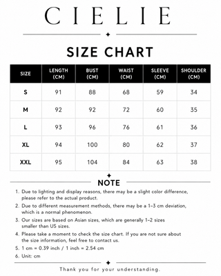 Cielie size chart for clothing measurements