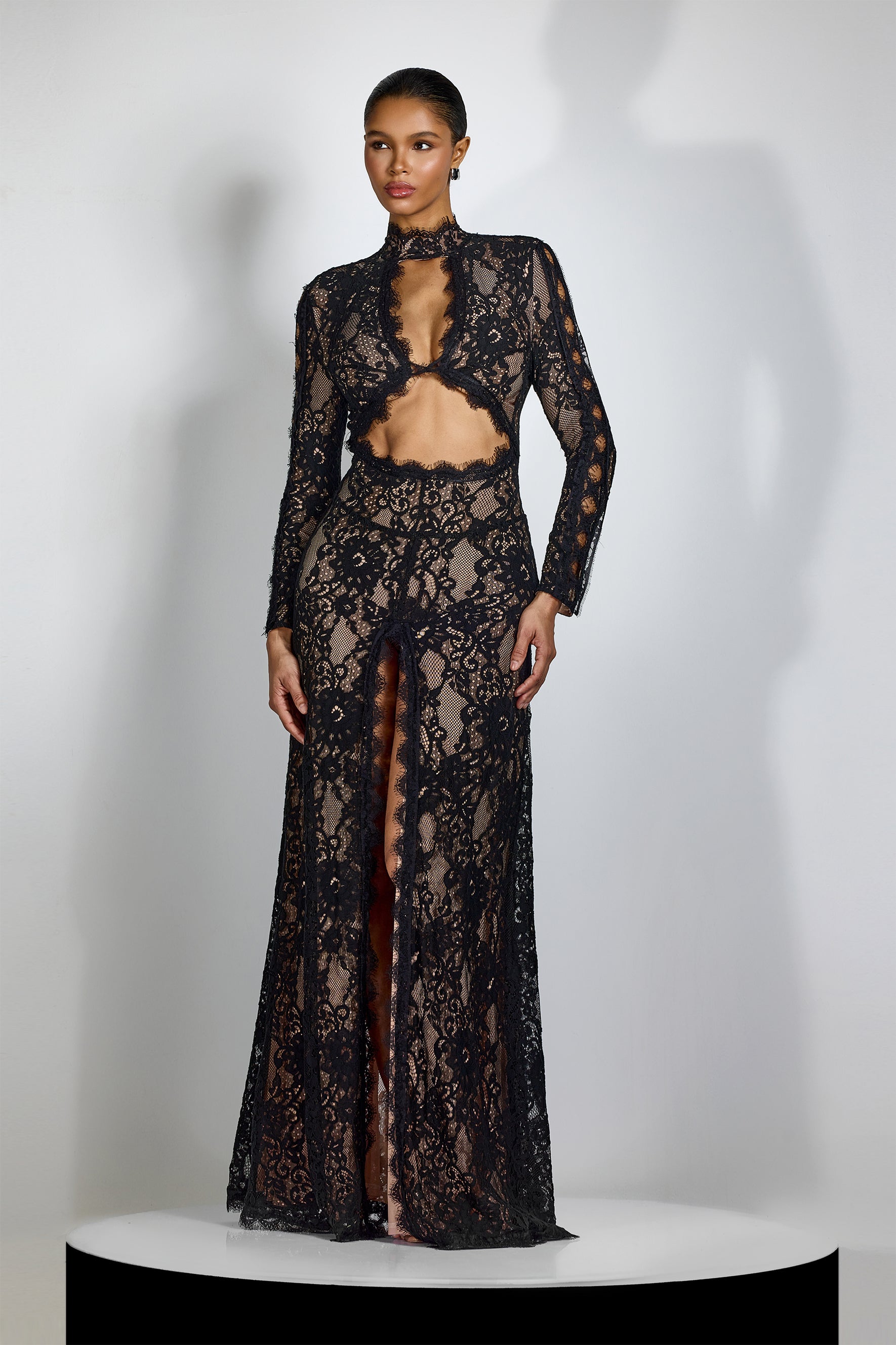 SHEARL | Black Lace Maxi Gown with Cut-Out Bodice & Open Back M / White SHEARL | Black Lace Maxi Gown with Cut-Out Bodice & Open Back M / White