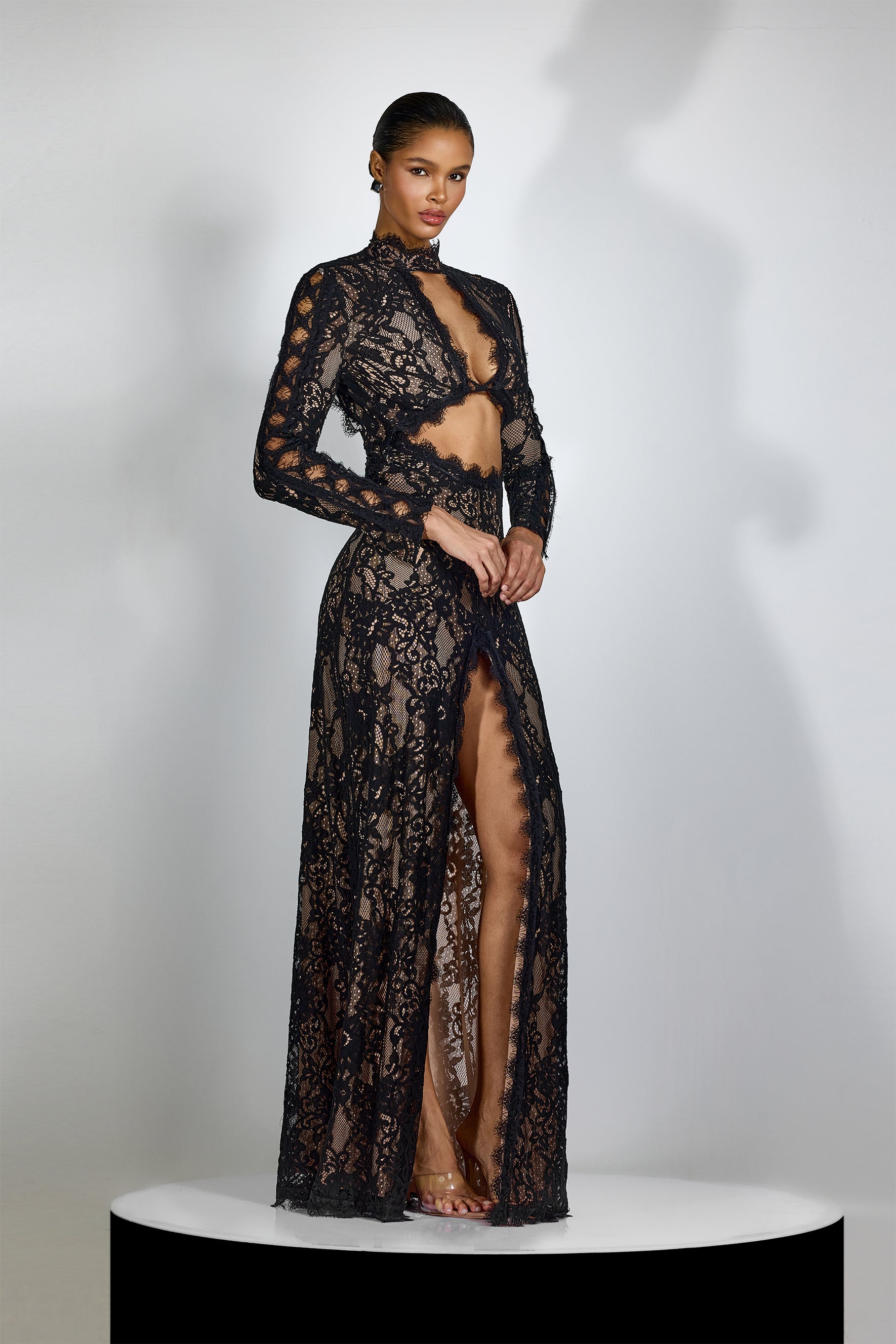 SHEARL | Black Lace Maxi Gown with Cut-Out Bodice & Open Back M / White SHEARL | Black Lace Maxi Gown with Cut-Out Bodice & Open Back M / White