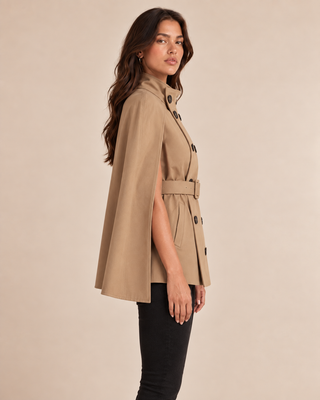 Aylin | Beige Double-Breasted Belted Trench Cape Coat