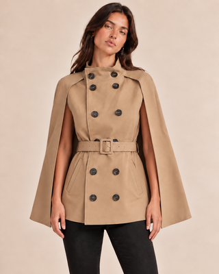 Aylin | Beige Double-Breasted Belted Trench Cape Coat