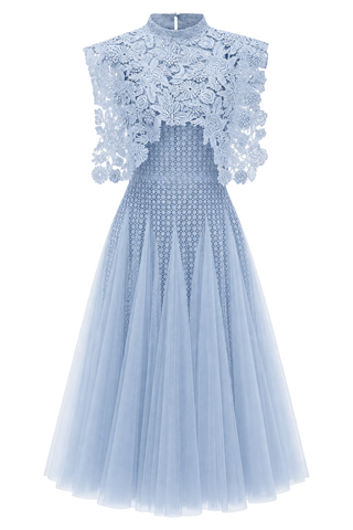 Celestine | Light Blue High Neck Floral Lace & Tulle Midi Dress