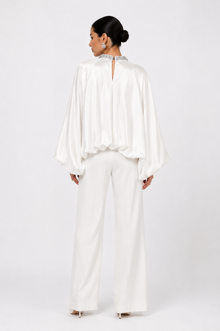 Soraya | White Crystal-Embellished Satin Cape Blouse ONESIZE