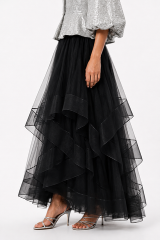 Avelisse | Black Tiered Ruffle Maxi Skirt with Elastic Waist ONESIZE