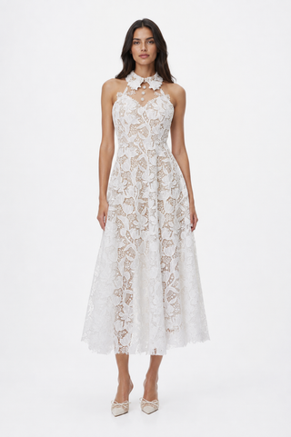 Elowyn | White Floral Lace Halter Bridal Midi Dress