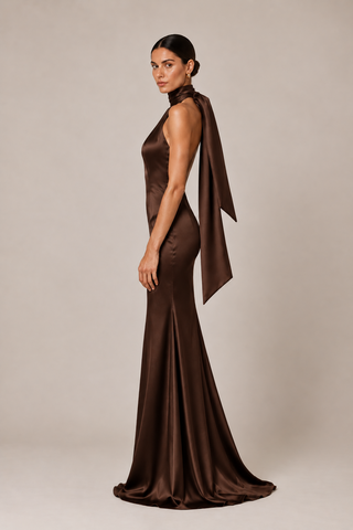 Vivienne | Brown Backless Satin Halter Maxi Dress with Detachable Scarf