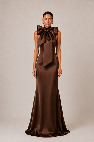 Vivienne | Brown Backless Satin Halter Maxi Dress with Detachable Scarf