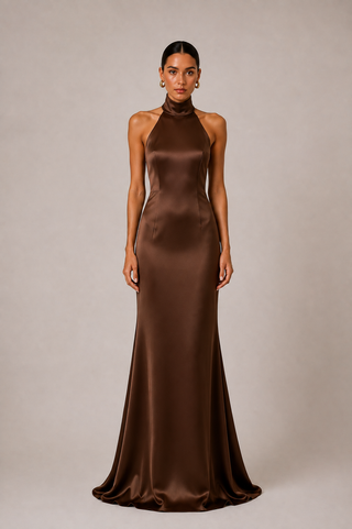 Vivienne | Brown Backless Satin Halter Maxi Dress with Detachable Scarf