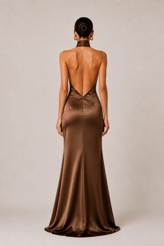 Vivienne | Brown Backless Satin Halter Maxi Dress with Detachable Scarf