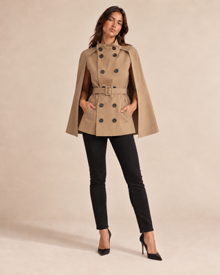 Aylin | Beige Double-Breasted Belted Trench Cape Coat