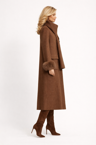 Crown | Cashmere Wool Coat with Fox Fur Cuffs & Scarf brown - Cielie