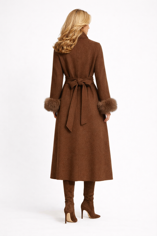 Crown | Cashmere Wool Coat with Fox Fur Cuffs & Scarf brown - Cielie