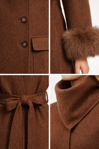 Crown | Cashmere Wool Coat with Fox Fur Cuffs & Scarf brown - Cielie