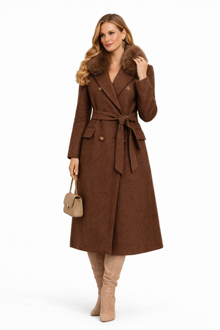 Aisha | Cashmere Wool Coat with Fox Fur brown