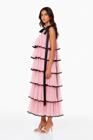 Marielle | Pink & Black Tiered Ruffle Bow Midi Dress