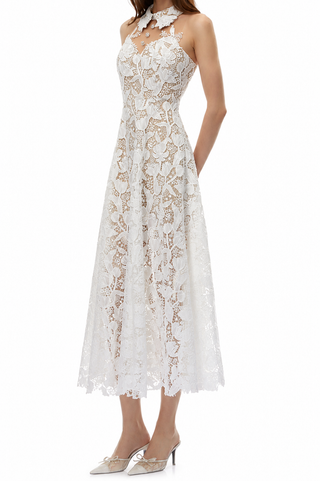 Elowyn | White Floral Lace Halter Bridal Midi Dress