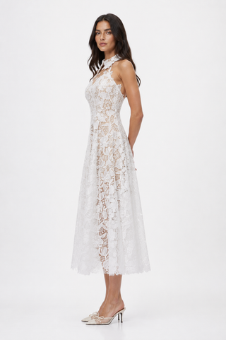 Elowyn | White Floral Lace Halter Bridal Midi Dress