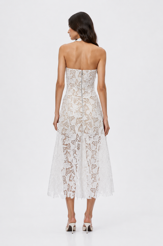 Elowyn | White Floral Lace Halter Bridal Midi Dress