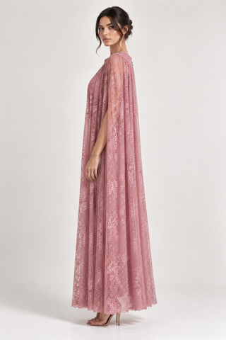 Isabelle | Dusty Rose 2-in-1 Lace Cape & Backless Satin Maxi Dress ONESIZE