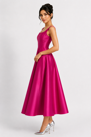 Woman wearing a pink satin dress on a white background