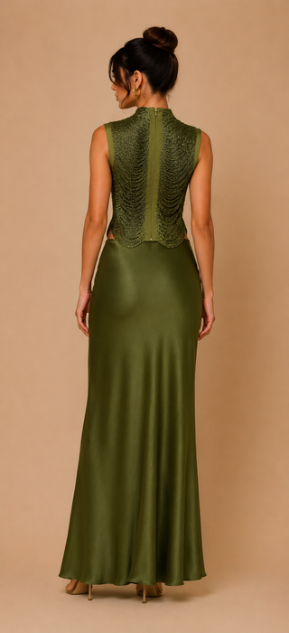 Olive green fringe top and satin maxi skirt set, elegant wedding guest outfit, formal occasionwear co-ord, cocktail party ensemble, luxury evening look. Taraji Beaded Top
