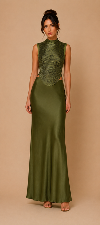 Olive green fringe top and satin maxi skirt set, elegant wedding guest outfit, formal occasionwear co-ord, cocktail party ensemble, luxury evening look. Taraji Beaded Top
