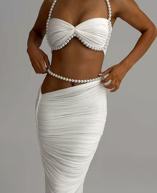 White bikini with pearl details beach dress Set Skirt