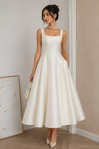 Midi Bridal Minimal Dress ivory white Vintage style elegant 