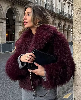 Luxurious bordeaux wine red Mongolian fur jacket coat with a fluffy big collar, showcasing its elegant cropped design and real sheep fur craftsmanship. Fur Jacket Burgundy Real - Cielie 