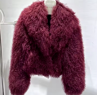 Luxurious bordeaux wine red Mongolian fur jacket coat with a fluffy big collar, showcasing its elegant cropped design and real sheep fur craftsmanship. Fur Jacket Burgundy Real - Cielie 