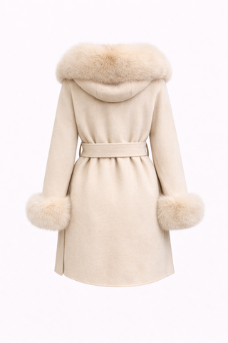 Beige coat with fur trim on a white background