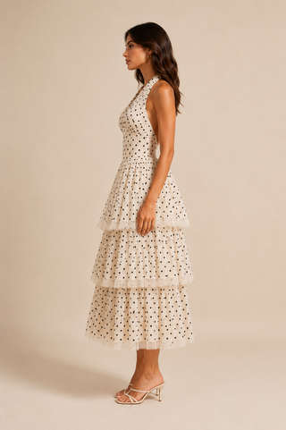 Dianna ivory polka dot halter midi dress with structured corset bodice, tiered tulle skirt, feminine fit and flare silhouette, elegant wedding guest and cocktail occasion dress.