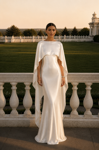 Woman in a white gown with cape standing on a stone pathway with greenery and a building in the background. Satin Dress Bridal Cape Minimal
