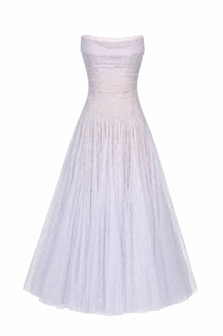 A strapless light lavender tulle dress with a fitted textured bodice and a full flared skirt, shown against a plain white background.